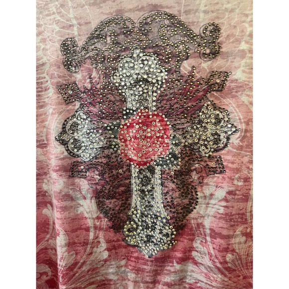 MAURICES Pink and White Burnout Style T Shirt w/rhinestone detail (Size M) - Picture 2 of 10